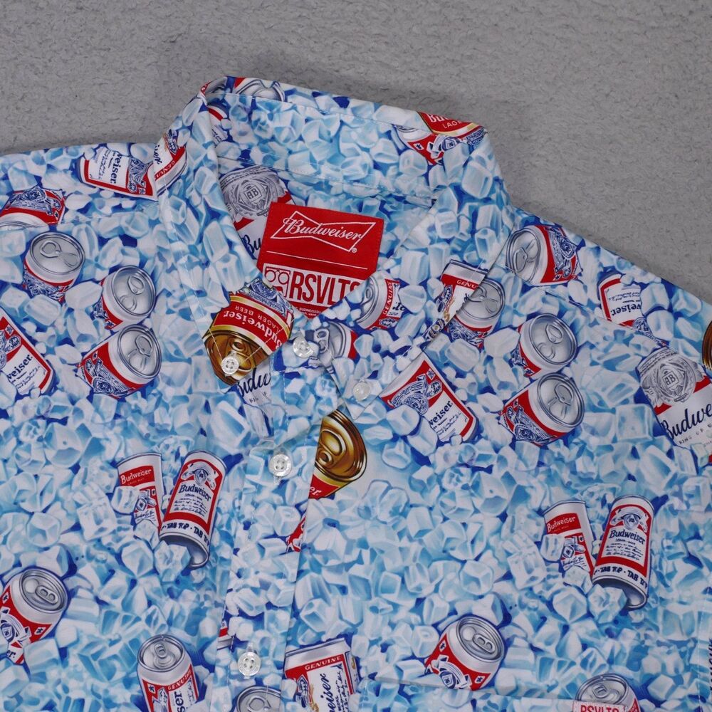 RSVLTS Budweiser Dad's Cooler Shirt Mens Large Blue Kunuflex Woven Button-Up